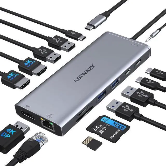 Main image of USB C Hub USB-C Docking Station Dual Monitor 14 in 1 Triple Display Multiport Adapter with 2 HDMI+DP+7 USB Type C/A Ports+Ethernet+Audio, USBC Dongle for Dell/HP/Lenovo ThinkPad/Surface(Grey)