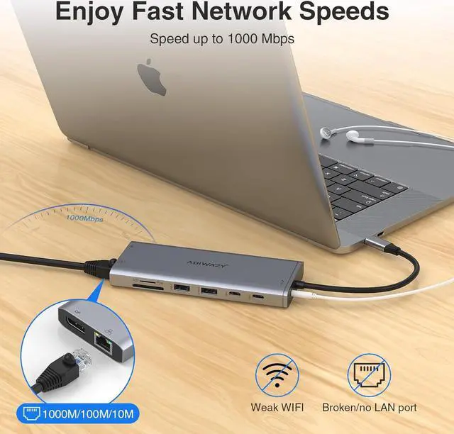 Alt view image 7 of 7 - USB C Hub USB-C Docking Station Dual Monitor 14 in 1 Triple Display Multiport Adapter with 2 HDMI+DP+7 USB Type C/A Ports+Ethernet+Audio, USBC Dongle for Dell/HP/Lenovo ThinkPad/Surface(Grey)