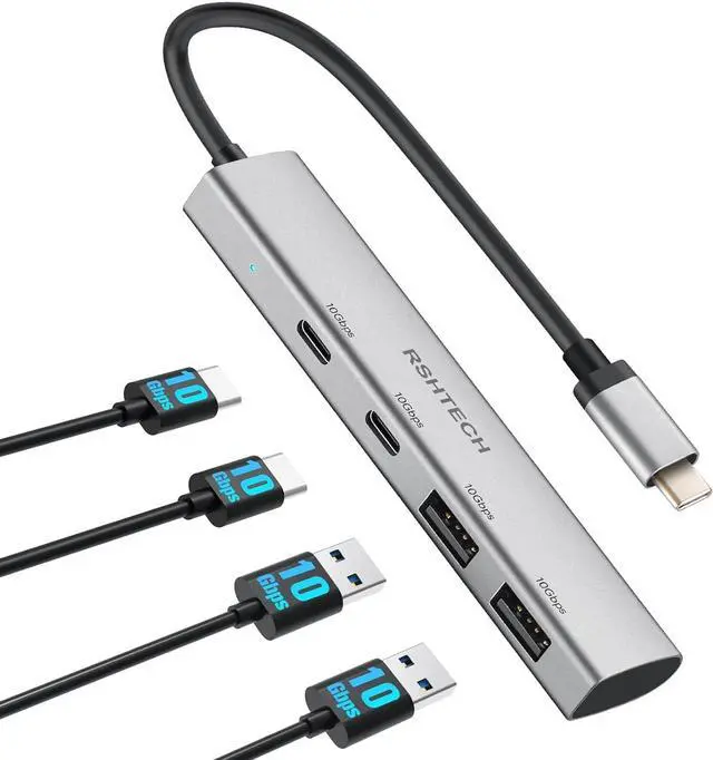 Main image of RSHTECH 4 Ports USB C 3.1/3.2 Gen 2 Hub 10Gbps with 2 USB-C and 2 USB-A Data Ports, Portable Aluminum USB Splitter for Laptop, MacBook Pro, and More Type C Devices, Gray, RSH-RX05