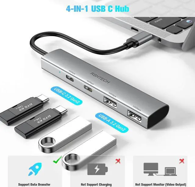 Alt view image 2 of 6 - RSHTECH 4 Ports USB C 3.1/3.2 Gen 2 Hub 10Gbps with 2 USB-C and 2 USB-A Data Ports, Portable Aluminum USB Splitter for Laptop, MacBook Pro, and More Type C Devices, Gray, RSH-RX05