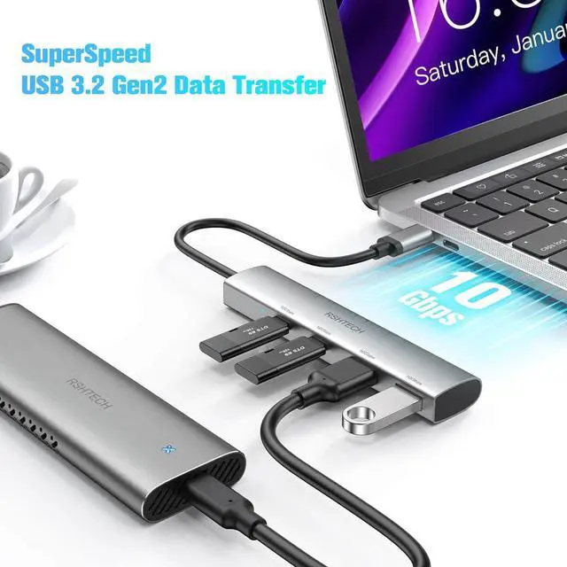 Alt view image 3 of 6 - RSHTECH 4 Ports USB C 3.1/3.2 Gen 2 Hub 10Gbps with 2 USB-C and 2 USB-A Data Ports, Portable Aluminum USB Splitter for Laptop, MacBook Pro, and More Type C Devices, Gray, RSH-RX05
