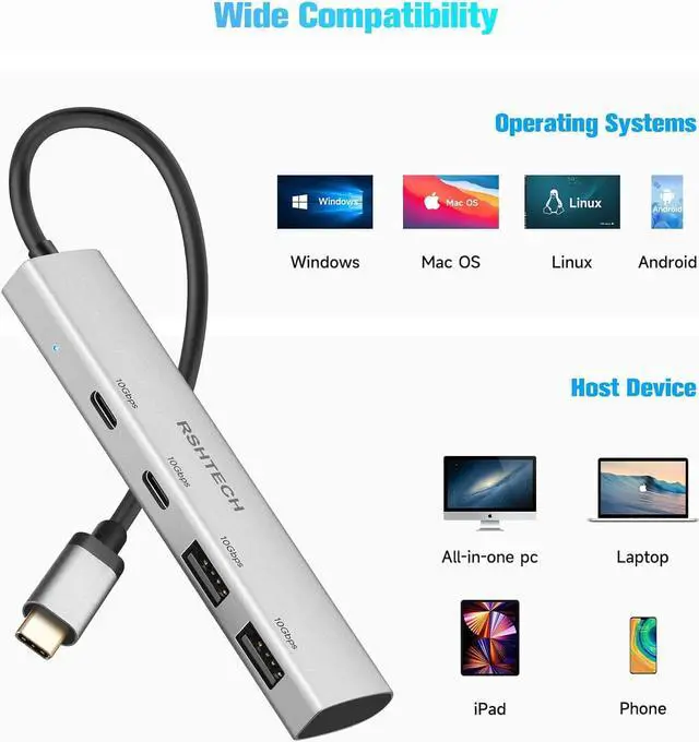 Alt view image 5 of 6 - RSHTECH 4 Ports USB C 3.1/3.2 Gen 2 Hub 10Gbps with 2 USB-C and 2 USB-A Data Ports, Portable Aluminum USB Splitter for Laptop, MacBook Pro, and More Type C Devices, Gray, RSH-RX05