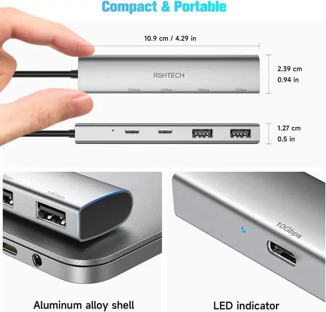 Alt view image 6 of 6 - RSHTECH 4 Ports USB C 3.1/3.2 Gen 2 Hub 10Gbps with 2 USB-C and 2 USB-A Data Ports, Portable Aluminum USB Splitter for Laptop, MacBook Pro, and More Type C Devices, Gray, RSH-RX05