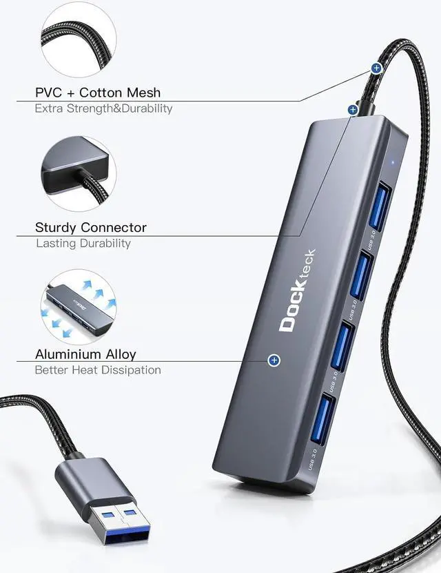 Alt view image 5 of 7 - USB Hub, Dockteck 4-Port USB 3.0 Splitter, Aluminum 2ft USB Extender Compatible with MacBook,XPS, Surface Pro,Mac Mini/Pro, iMac, Mouse, Keyboard, Flash Drive, HDD,Camera, and More
