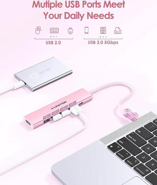 Alt view image 3 of 7 - LENTION USB C Hub Multiport Adapter with 100W PD Charging, 4K HDMI, 4 USB-A Data Ports, Type C Hub for 2023-2016 MacBook Pro, New Mac Air/Surface, Chromebook, iPhone 15 Pro/Pro Max (CH17, Rose Gold)