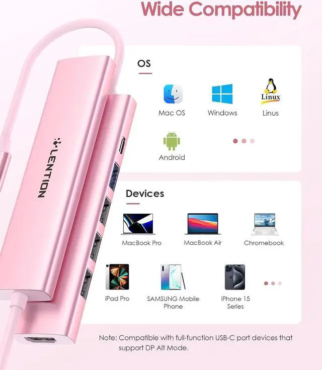 Alt view image 6 of 7 - LENTION USB C Hub Multiport Adapter with 100W PD Charging, 4K HDMI, 4 USB-A Data Ports, Type C Hub for 2023-2016 MacBook Pro, New Mac Air/Surface, Chromebook, iPhone 15 Pro/Pro Max (CH17, Rose Gold)