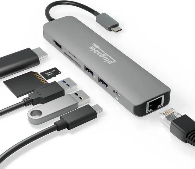 Main image of 7-in-1 USB C Hub Multiport Adapter with Ethernet Driverless Compatibility with Mac Windows iPhone 15 Chromebook USB4 Thunderbolt 100W Charging Ethernet 4K60Hz HDMI 2X USB SD/microSD