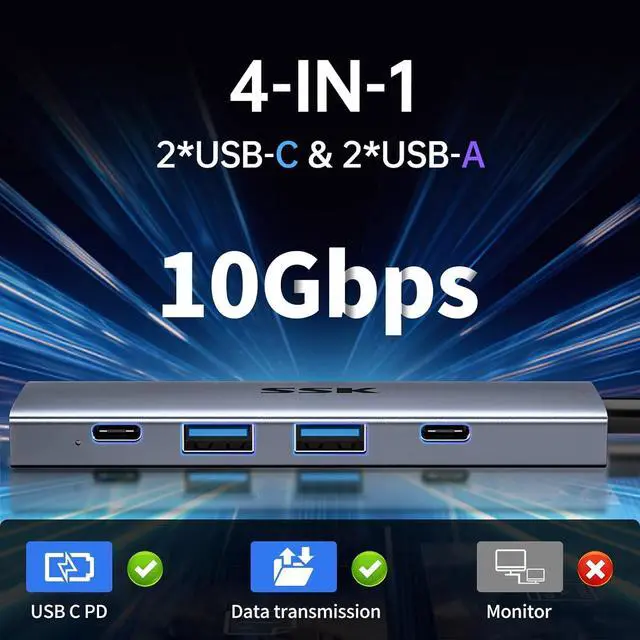 Alt view image 2 of 7 - SSK USB C 10Gbps Hub, 4-in-1 USB Type C Multiport Adapter with 100W PD Charging, 2 USB C, 2 USB A 3.1/3.2 Gen2 10Gbps Ports,USB C hub for iMac/MacBook/Pro/Air/Surface Pro