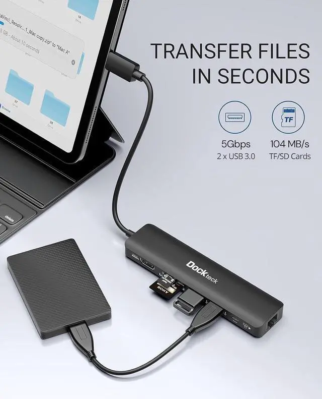 Alt view image 6 of 7 - USB C Hub 4K 60Hz, Dockteck 7-in-1 USB C PD Ethernet Hub Dongle with 4K 60Hz HDMI, 1Gbps Ethernet, 100W PD, 2 USB 3.0, SD/Micro SD for MacBook Air/Pro M1 2020, iPad Pro 2021, iPad mini 6 and More