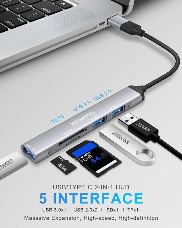 Alt view image 2 of 7 - USB C Hub, ZESKRIS 5 Ports Ultra Slim Data Type C Hub with 1 USB 3.0, 2 USB 2.0, TF/SD/MicroSD Card Reader Portable USB Splitter for MacBook Pro/Air, Laptop, PS5/PS4, and Other Type C Devices