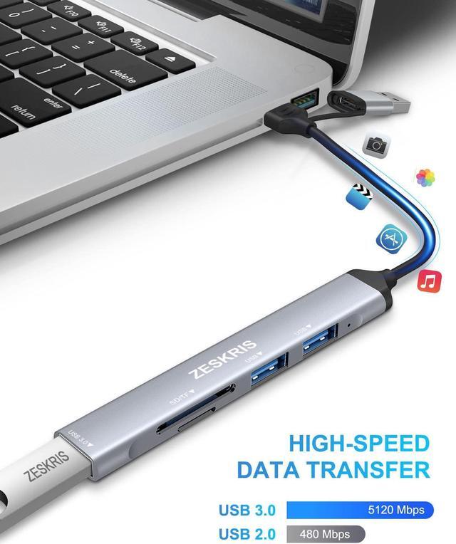 Alt view image 3 of 7 - USB C Hub, ZESKRIS 5 Ports Ultra Slim Data Type C Hub with 1 USB 3.0, 2 USB 2.0, TF/SD/MicroSD Card Reader Portable USB Splitter for MacBook Pro/Air, Laptop, PS5/PS4, and Other Type C Devices