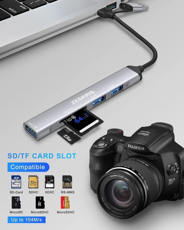 Alt view image 4 of 7 - USB C Hub, ZESKRIS 5 Ports Ultra Slim Data Type C Hub with 1 USB 3.0, 2 USB 2.0, TF/SD/MicroSD Card Reader Portable USB Splitter for MacBook Pro/Air, Laptop, PS5/PS4, and Other Type C Devices