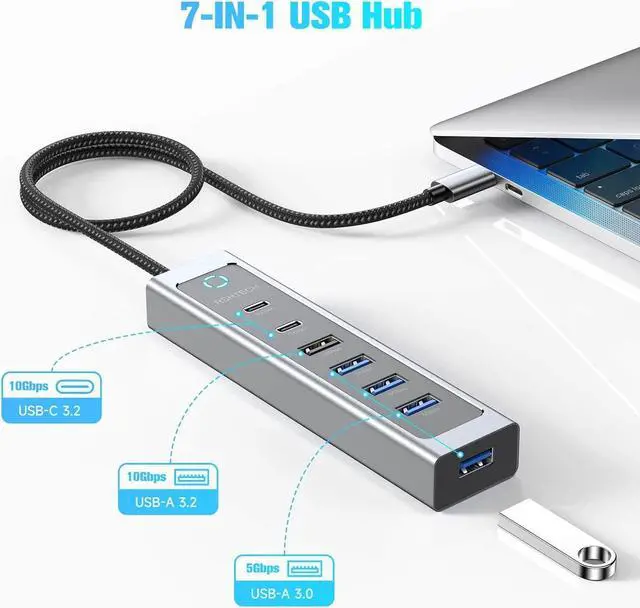 Alt view image 2 of 7 - USB C Hub 10Gbps RSHTECH 7-Port USB 3.2 Hub Splitter with USB-A 3.2, 2 USB-C 3.2, 4 USB 3.0 Ports and 2ft Long Cable, Aluminum USB C Hub Multiport Adapters for Laptop and More, RSH-T17C