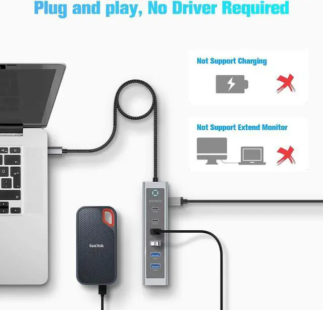 Alt view image 4 of 7 - USB C Hub 10Gbps RSHTECH 7-Port USB 3.2 Hub Splitter with USB-A 3.2, 2 USB-C 3.2, 4 USB 3.0 Ports and 2ft Long Cable, Aluminum USB C Hub Multiport Adapters for Laptop and More, RSH-T17C