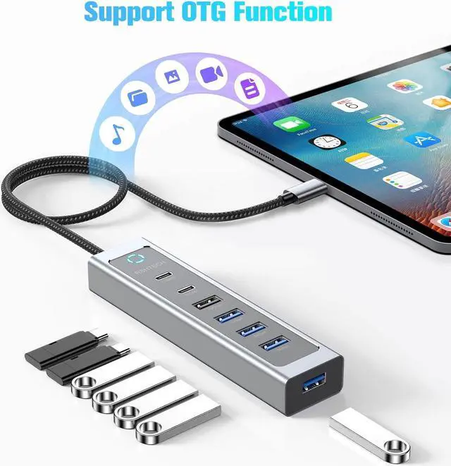 Alt view image 5 of 7 - USB C Hub 10Gbps RSHTECH 7-Port USB 3.2 Hub Splitter with USB-A 3.2, 2 USB-C 3.2, 4 USB 3.0 Ports and 2ft Long Cable, Aluminum USB C Hub Multiport Adapters for Laptop and More, RSH-T17C