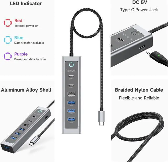 Alt view image 7 of 7 - USB C Hub 10Gbps RSHTECH 7-Port USB 3.2 Hub Splitter with USB-A 3.2, 2 USB-C 3.2, 4 USB 3.0 Ports and 2ft Long Cable, Aluminum USB C Hub Multiport Adapters for Laptop and More, RSH-T17C
