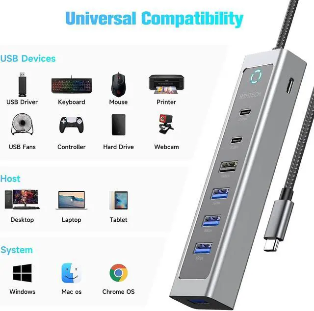 Alt view image 6 of 7 - USB C Hub 10Gbps RSHTECH 7-Port USB 3.2 Hub Splitter with USB-A 3.2, 2 USB-C 3.2, 4 USB 3.0 Ports and 2ft Long Cable, Aluminum USB C Hub Multiport Adapters for Laptop and More, RSH-T17C