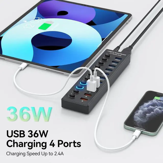 Alt view image 2 of 7 - Powered USB 3.0 Hub 11-Port, Data 7 Ports + Charging 4 USB Ports Extender Cord 3FT Multiport USB Splitter Hubs with Power Adapter 36W Multi USB Hub 3.0 LED Switches for Laptop PC Mac Hard Driver