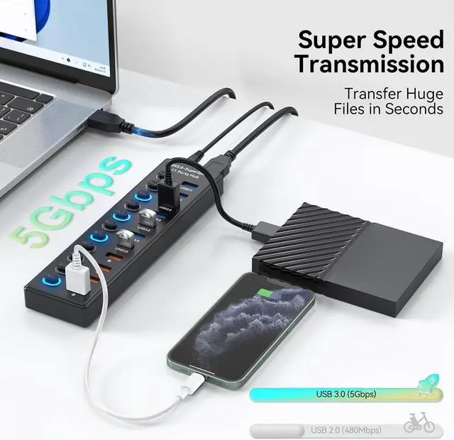 Alt view image 3 of 7 - Powered USB 3.0 Hub 11-Port, Data 7 Ports + Charging 4 USB Ports Extender Cord 3FT Multiport USB Splitter Hubs with Power Adapter 36W Multi USB Hub 3.0 LED Switches for Laptop PC Mac Hard Driver