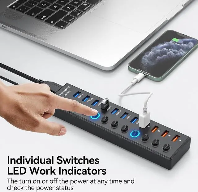 Alt view image 5 of 7 - Powered USB 3.0 Hub 11-Port, Data 7 Ports + Charging 4 USB Ports Extender Cord 3FT Multiport USB Splitter Hubs with Power Adapter 36W Multi USB Hub 3.0 LED Switches for Laptop PC Mac Hard Driver
