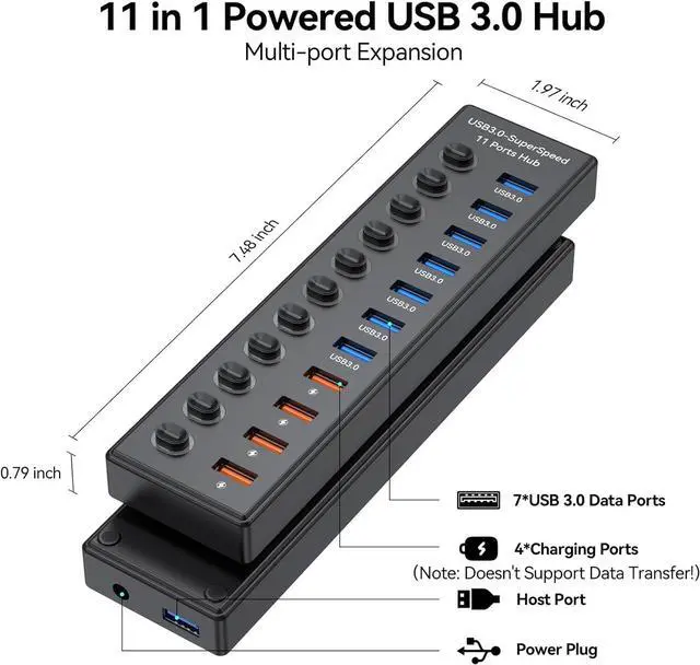 Alt view image 4 of 7 - Powered USB 3.0 Hub 11-Port, Data 7 Ports + Charging 4 USB Ports Extender Cord 3FT Multiport USB Splitter Hubs with Power Adapter 36W Multi USB Hub 3.0 LED Switches for Laptop PC Mac Hard Driver