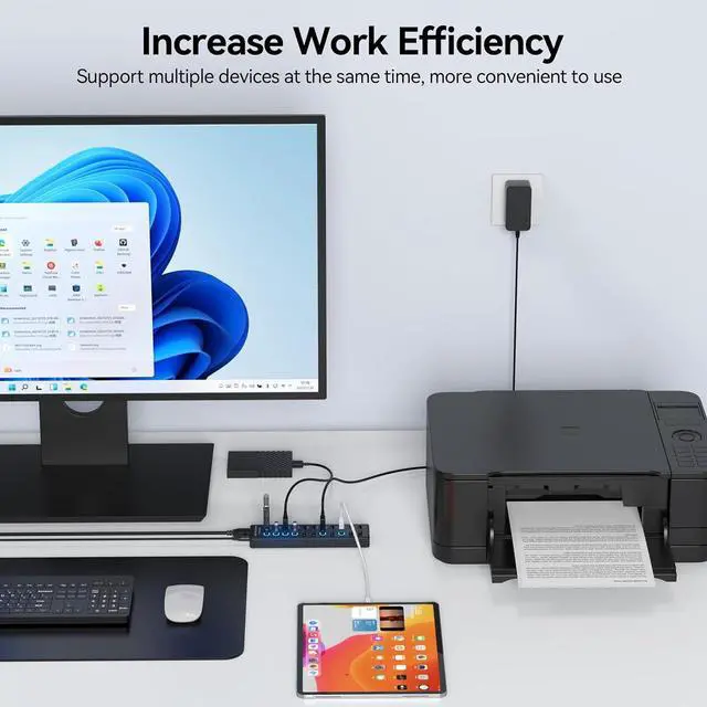 Alt view image 7 of 7 - Powered USB 3.0 Hub 11-Port, Data 7 Ports + Charging 4 USB Ports Extender Cord 3FT Multiport USB Splitter Hubs with Power Adapter 36W Multi USB Hub 3.0 LED Switches for Laptop PC Mac Hard Driver