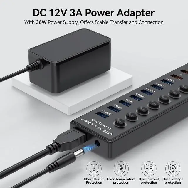 Alt view image 6 of 7 - Powered USB 3.0 Hub 11-Port, Data 7 Ports + Charging 4 USB Ports Extender Cord 3FT Multiport USB Splitter Hubs with Power Adapter 36W Multi USB Hub 3.0 LED Switches for Laptop PC Mac Hard Driver
