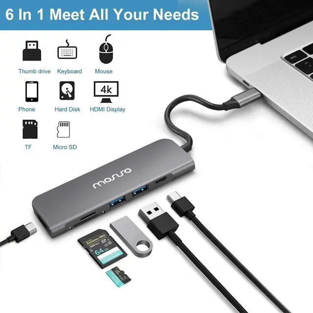 Alt view image 2 of 7 - MOSISO USB-C Hub, 6in1 Type-C Multiport Adapter to 65W Power Charging, 2 USB 3.0 Ports, SD/TF Card Reader/4K HDMI Compatible with MacBook/Laptop Notebook/Tablet/More USB Type-C Devices, Space Gray