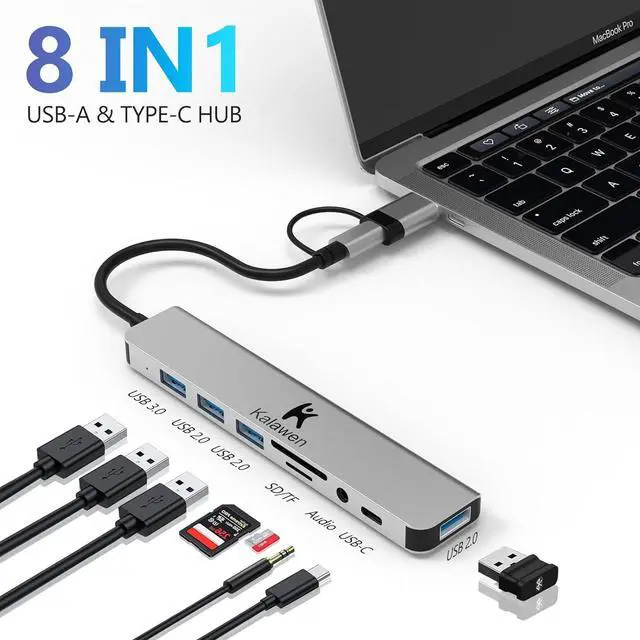 Alt view image 2 of 5 - Kalawen USB C Hub USB Hub 3.0, Aluminum 8 in 1 USB Splitter with 1 x USB 3.0, 3 x USB 2.0 and 1 x USB C, SD/TF Card Reader, 3.5mm Aux Ports for MacBook/Pad Pro Laptop Devices