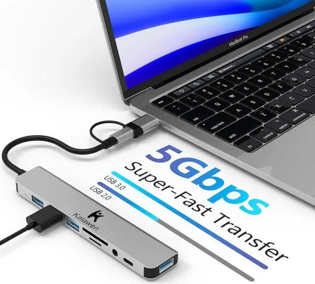 Alt view image 3 of 5 - Kalawen USB C Hub USB Hub 3.0, Aluminum 8 in 1 USB Splitter with 1 x USB 3.0, 3 x USB 2.0 and 1 x USB C, SD/TF Card Reader, 3.5mm Aux Ports for MacBook/Pad Pro Laptop Devices