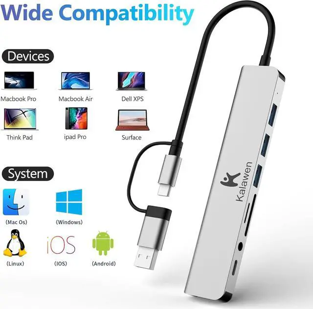 Alt view image 5 of 5 - Kalawen USB C Hub USB Hub 3.0, Aluminum 8 in 1 USB Splitter with 1 x USB 3.0, 3 x USB 2.0 and 1 x USB C, SD/TF Card Reader, 3.5mm Aux Ports for MacBook/Pad Pro Laptop Devices
