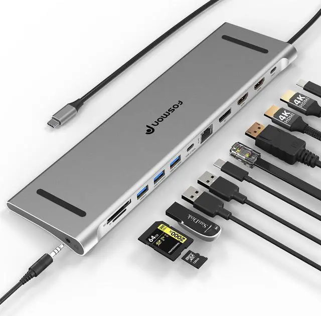 Main image of Fosmon USB C Hub (11-in-1) Desktop USB Hub with 2x HDMI (4k@60Hz), DisplayPort (4K@60Hz), x2 USB-C (USB 3.0) x2 USB 3.0, USB 2.0, TF 2.0, RJ45 Ethernet Port compatible with MacBook, Lenovo, HP Laptops