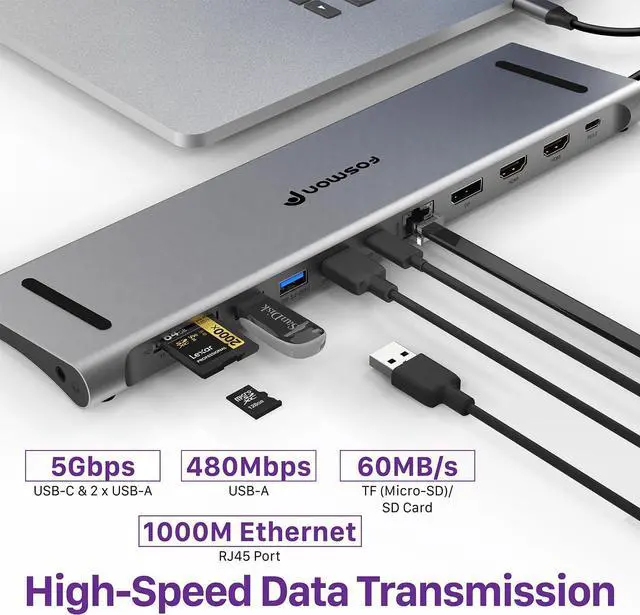 Alt view image 5 of 7 - Fosmon USB C Hub (11-in-1) Desktop USB Hub with 2x HDMI (4k@60Hz), DisplayPort (4K@60Hz), x2 USB-C (USB 3.0) x2 USB 3.0, USB 2.0, TF 2.0, RJ45 Ethernet Port compatible with MacBook, Lenovo, HP Laptops