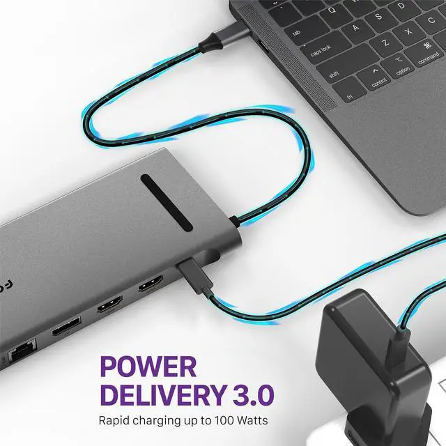 Alt view image 6 of 7 - Fosmon USB C Hub (11-in-1) Desktop USB Hub with 2x HDMI (4k@60Hz), DisplayPort (4K@60Hz), x2 USB-C (USB 3.0) x2 USB 3.0, USB 2.0, TF 2.0, RJ45 Ethernet Port compatible with MacBook, Lenovo, HP Laptops