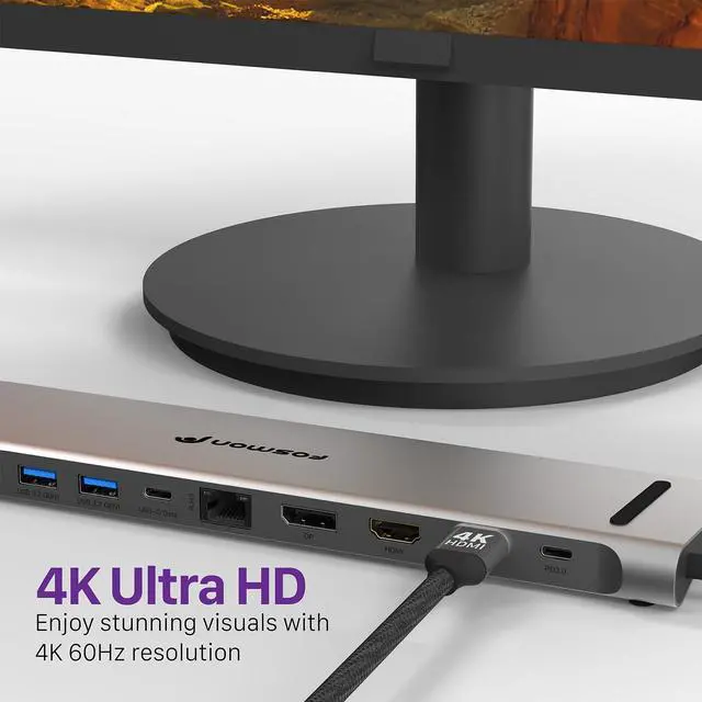 Alt view image 4 of 7 - Fosmon USB C Hub (11-in-1) Desktop USB Hub with 2x HDMI (4k@60Hz), DisplayPort (4K@60Hz), x2 USB-C (USB 3.0) x2 USB 3.0, USB 2.0, TF 2.0, RJ45 Ethernet Port compatible with MacBook, Lenovo, HP Laptops
