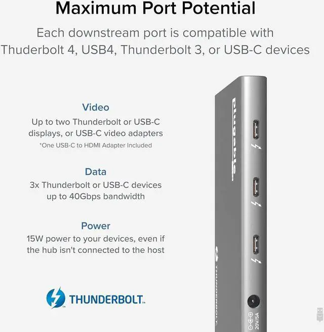 Alt view image 3 of 7 - Plugable 5-in-1 Thunderbolt 4 Hub,Single 8K or Dual 4K Display; 4K HDMI Adapter Included, Offers Thunderbolt 4/3, USB4, and USB-C Expansion for Modern Mac and Windows Systems, Driverless