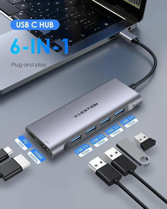Alt view image 2 of 6 - LENTION USB C Hub with 4K HDMI Output(4K@60Hz), 4 USB 3.0, Type C Charging Dongle Compatible 2023-2016 MacBook Pro, New Mac Air, Steamdeck, Type C Devices, Stable Driver Adapter (CB-C35sH, Space Gray)