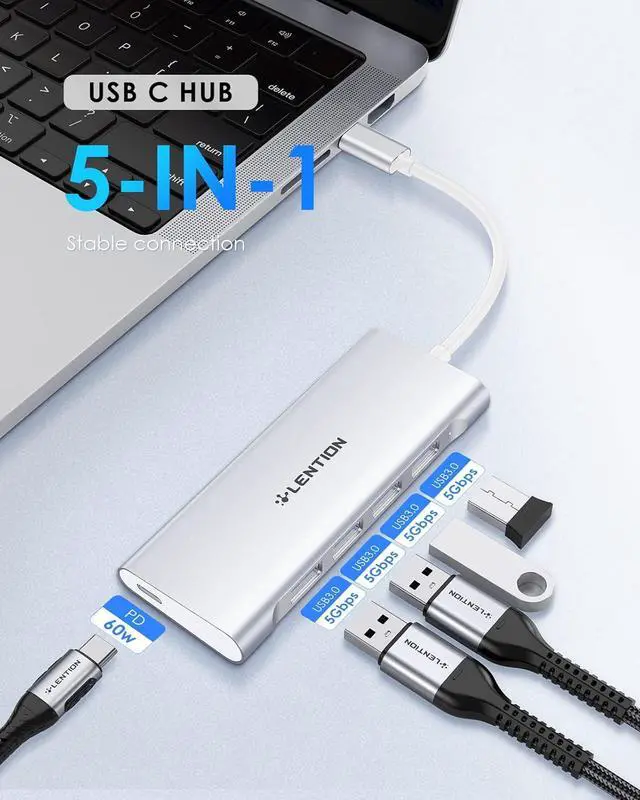 Alt view image 2 of 6 - LENTION USB C Hub with 4 USB 3.0 & Type C Charging Compatible 2023-2016 MacBook Pro, New Mac Air, New Surface, Chromebook, More, Stable Driver Certified Type C Multiport Adapter (CB-C31, Silver)