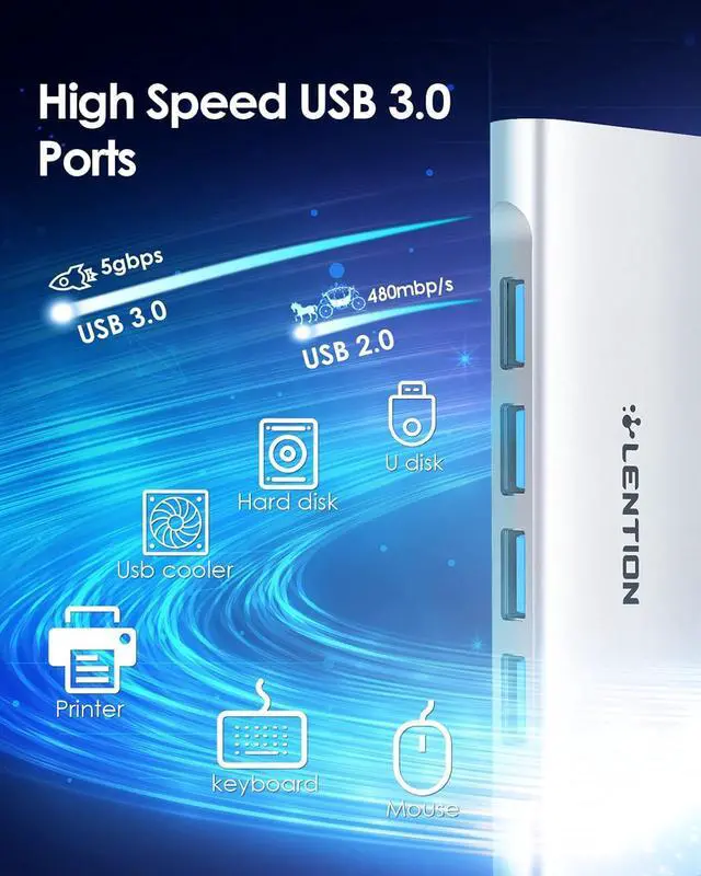 Alt view image 3 of 6 - LENTION USB C Hub with 4 USB 3.0 & Type C Charging Compatible 2023-2016 MacBook Pro, New Mac Air, New Surface, Chromebook, More, Stable Driver Certified Type C Multiport Adapter (CB-C31, Silver)