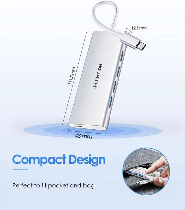 Alt view image 6 of 6 - LENTION USB C Hub with 4 USB 3.0 & Type C Charging Compatible 2023-2016 MacBook Pro, New Mac Air, New Surface, Chromebook, More, Stable Driver Certified Type C Multiport Adapter (CB-C31, Silver)