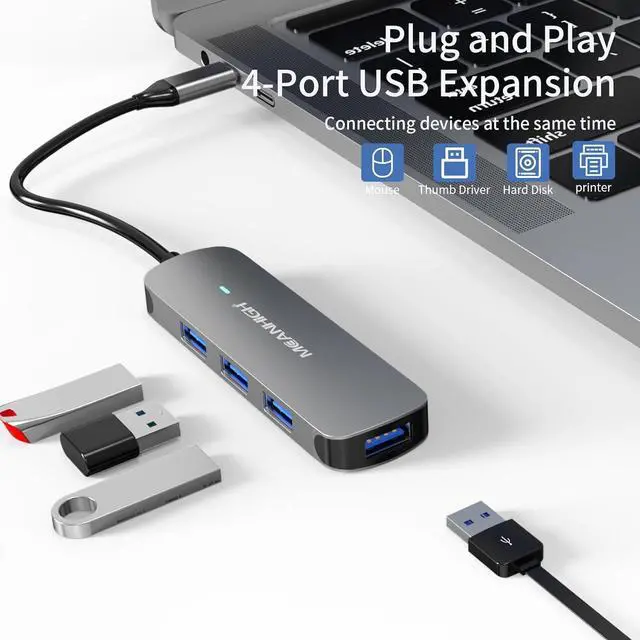 Alt view image 2 of 6 - USB C Hub MEANHIGH USB 3.0 Hub for Laptop 4 Port USB Expander Multiport USB Splitter Type C Hub Dongle for MacBook Pro, Mac Mini iMac, Dell, HP, Chromebook, PC Flash Drive HDD