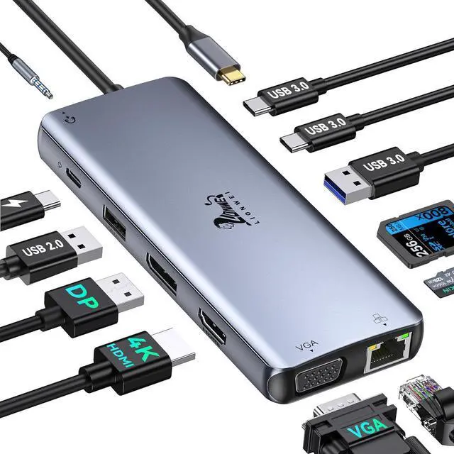 Main image of USB C Docking Station Dual Monitor for /HP/Surface Laptop 12 in 1 Hub Triple Display Adapter Multiport Dongle with HDMI+Displayport+VGA+4 USB C/A+100W PD+Ethernet+SD/TF+Audio