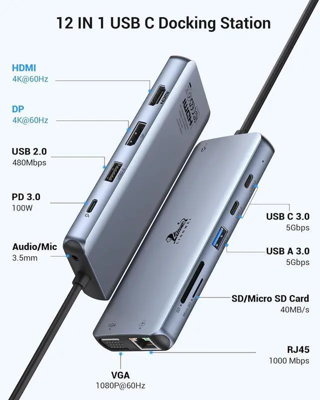 Alt view image 2 of 6 - USB C Docking Station Dual Monitor for /HP/Surface Laptop 12 in 1 Hub Triple Display Adapter Multiport Dongle with HDMI+Displayport+VGA+4 USB C/A+100W PD+Ethernet+SD/TF+Audio