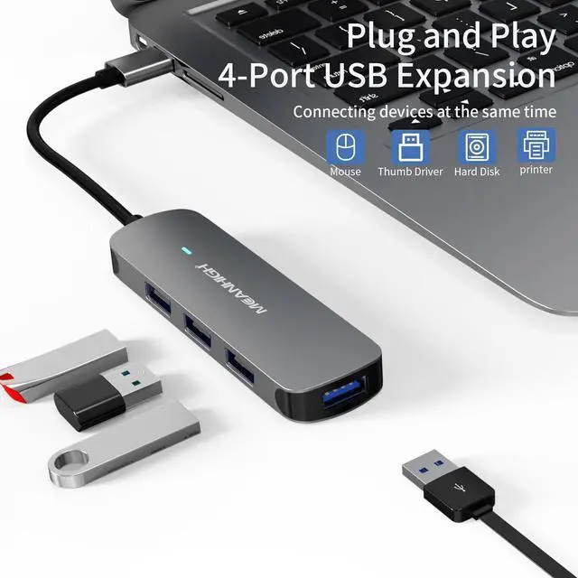 Alt view image 2 of 6 - USB Hub, 4-Port Dongle with USB 3.0, USB 2.0, Multiple USB Port Expander for Laptop, MacBook, Surface Pro, XPS, PC, Flash Drive, Mobile HDD (USB-A)