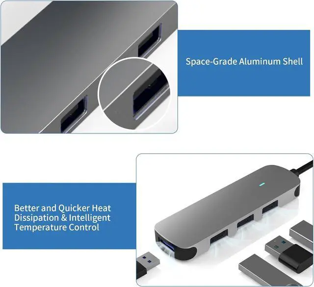 Alt view image 6 of 6 - USB Hub, 4-Port Dongle with USB 3.0, USB 2.0, Multiple USB Port Expander for Laptop, MacBook, Surface Pro, XPS, PC, Flash Drive, Mobile HDD (USB-A)