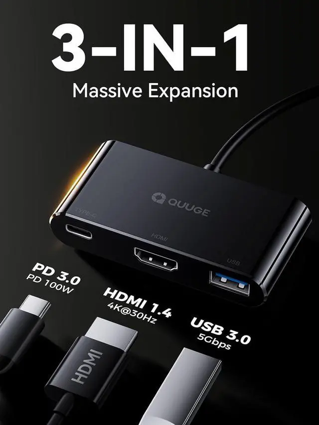 Alt view image 2 of 7 - QUUGE USB C to HDMI Adapter, 3-in-1 USB C Hub with 4K HDMI, 100W Power Delivery, USB 3.0 Data Port,USB-C Digital AV Multiport Adapter for MacBook Pro/air, Switch, iPad Pro &More USB-C Devices