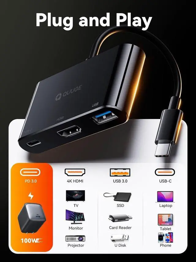 Alt view image 6 of 7 - QUUGE USB C to HDMI Adapter, 3-in-1 USB C Hub with 4K HDMI, 100W Power Delivery, USB 3.0 Data Port,USB-C Digital AV Multiport Adapter for MacBook Pro/air, Switch, iPad Pro &More USB-C Devices