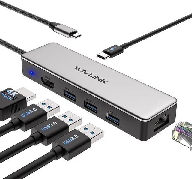 Main image of WAVLINK USB C Hub, 6-in-1 USB C Adapter for MacBook Pro/Air/Thunderbolt 4/3/Type C Devices, with 4K@30Hz HDMI, 3 USB 3.0, Gigabit Ethernet, 100W Power Delivery for Windows and Mac