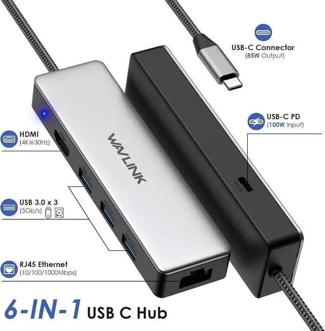 Alt view image 2 of 7 - WAVLINK USB C Hub, 6-in-1 USB C Adapter for MacBook Pro/Air/Thunderbolt 4/3/Type C Devices, with 4K@30Hz HDMI, 3 USB 3.0, Gigabit Ethernet, 100W Power Delivery for Windows and Mac