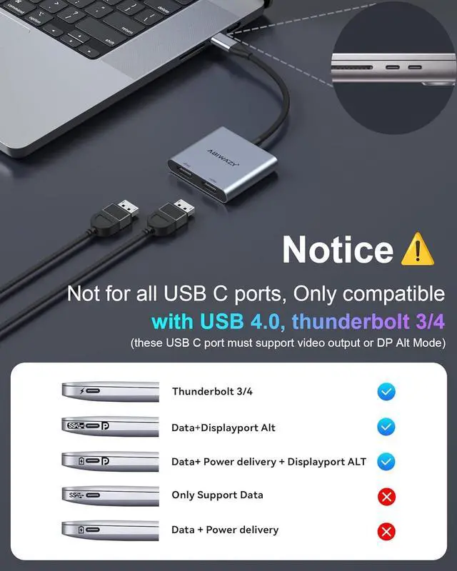Alt view image 2 of 7 - USB C to Dual HDMI Adapter 4K@60Hz, HDMI Splitter for Dual Monitors Extend Display, USB C HUB Multi Monitor Adapter to 2 HDMI Ports Converter for Dell XPS 13/15/17, HP, Lenovo, Surface Type C Laptop